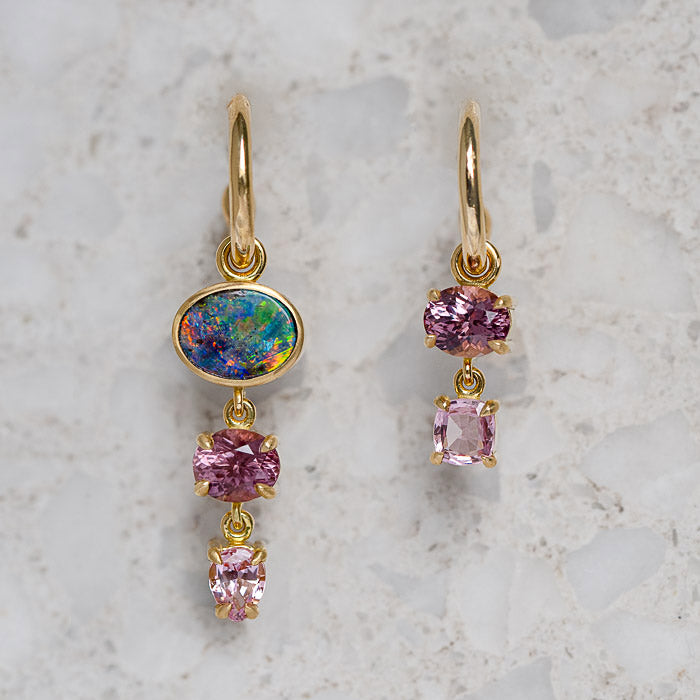 Boulder Opal and Spinel Charm Earrings in 18ct Yellow Gold (In Stock)