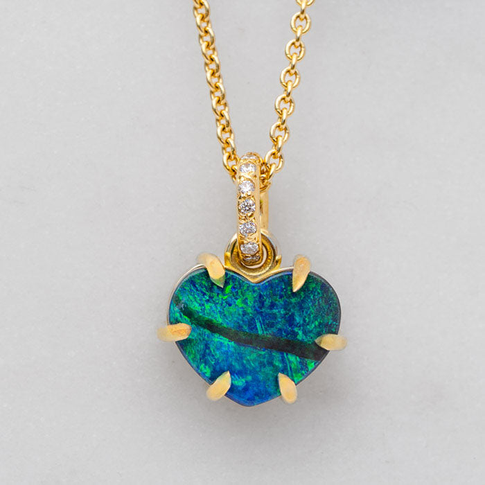 One-off Boulder Opal and Diamond Heart Pendant in 18ct Yellow Gold (In Stock)