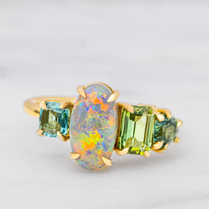 One-off Semi-Black Opal and Tourmaline Splice Ring in 18ct Yellow Gold, Size P (In Stock)