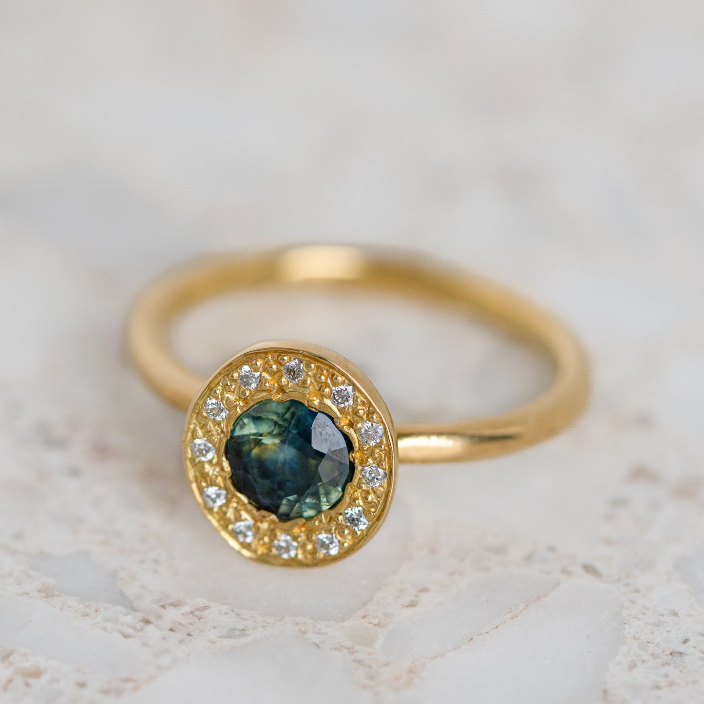 Green Sapphire and Diamond Pebble Ring In 18ct Yellow Gold, Size N and a half (In Stock)