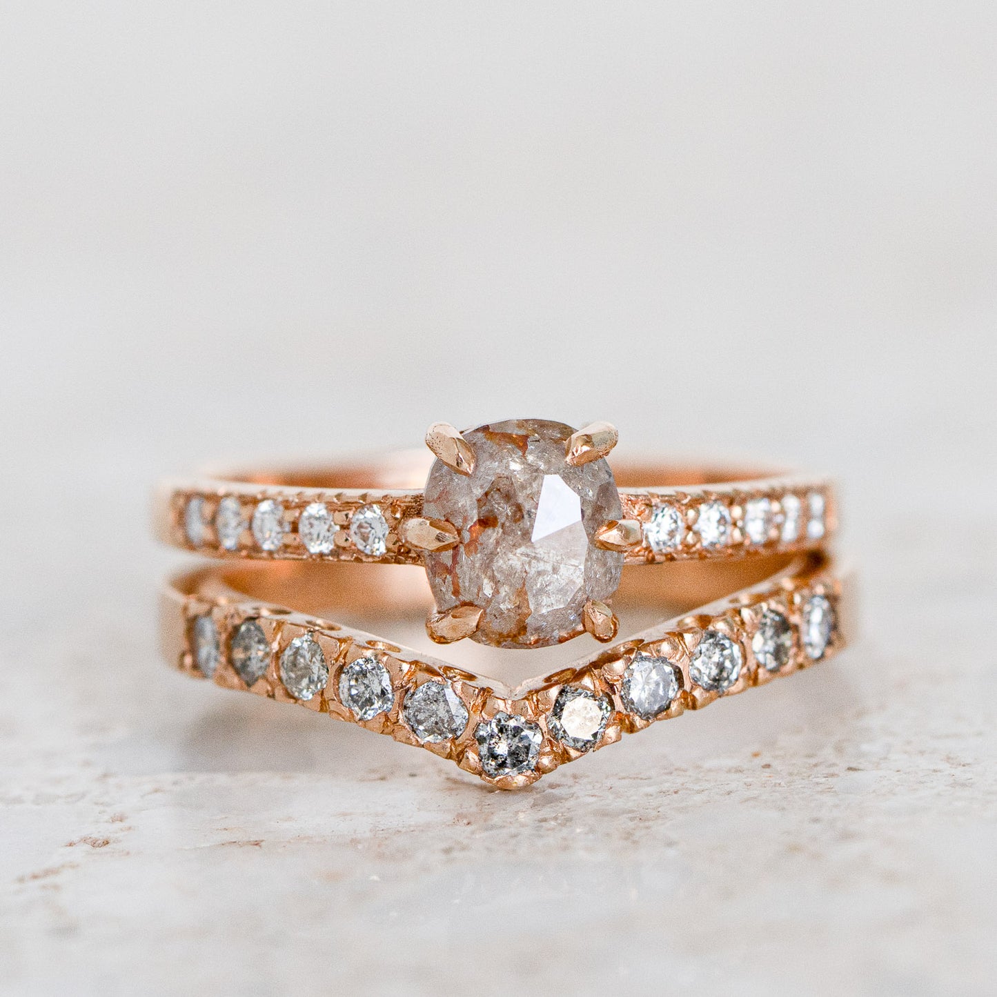 Load image into Gallery viewer, Golden Cushion Salt &amp;amp; Pepper Diamond Elizabeth Ring In 18ct Rose Gold, Size K and half (In Stock)
