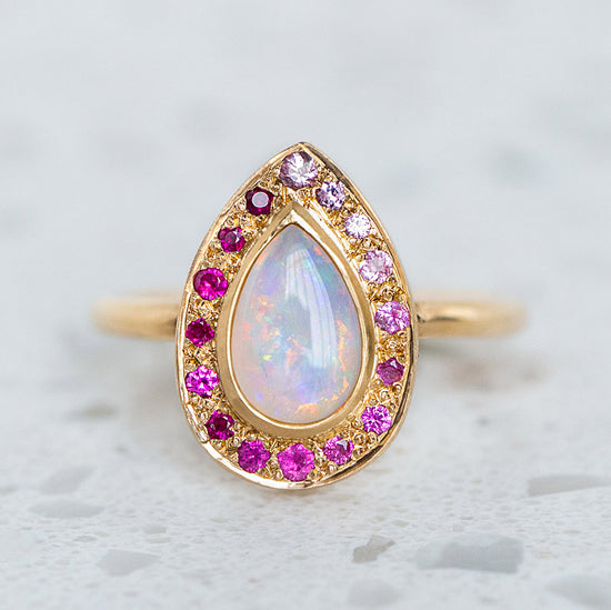 One-off Ombre Crystal Opal ring with Shades of Sapphires, In 14ct Yellow Gold, Size N (In Stock)