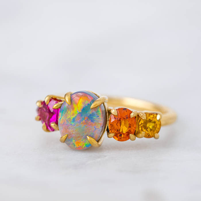 One-off Black Opal and Sapphire Splice Ring in 18ct Yellow Gold, Size M (In Stock)