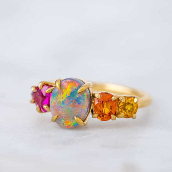 One-off Black Opal and Sapphire Splice Ring in 18ct Yellow Gold, Size M (In Stock)