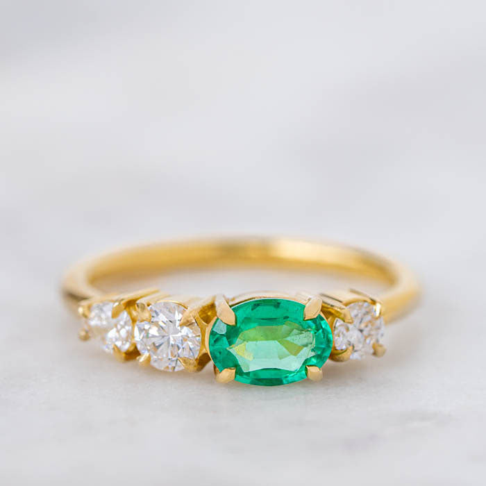 Emerald And Diamond East West Splice Ring in 18ct Yellow Gold, Size O (In Stock)