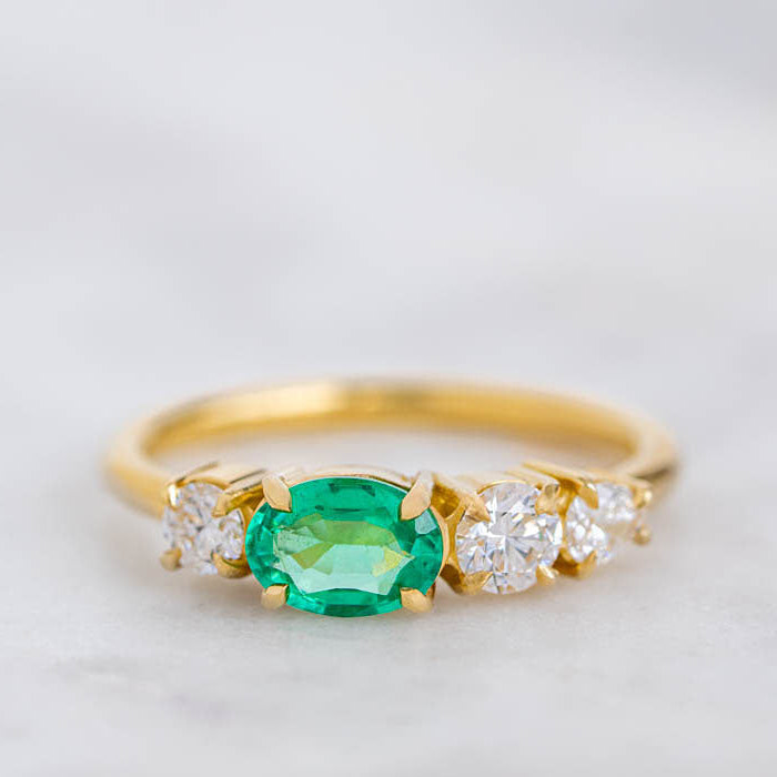 East West Emerald And Diamond Splice Ring