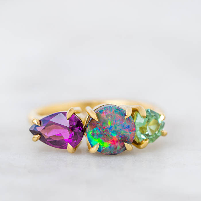 One-off Rhodolite Garnet, Boulder Opal and Mint Tourmaline Splice Ring in 18ct Yellow Gold, Size M (In Stock)