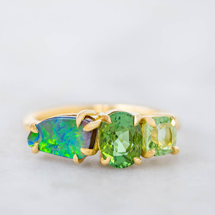 One-off Boulder Opal and Green Tourmaline Splice Ring in 18ct Yellow Gold, Size O (In Stock)
