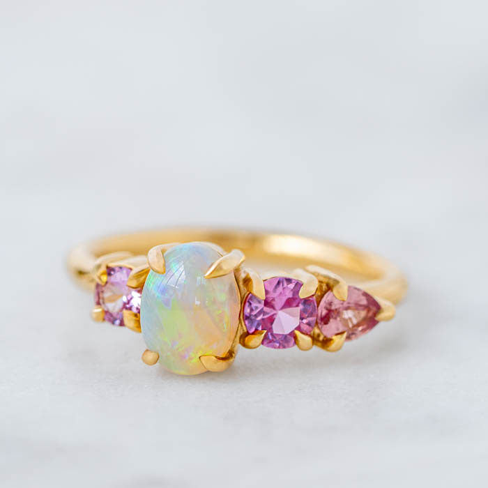Crystal Opal and Pink Sapphire Splice Ring in 14ct Yellow Gold, Size J (In Stock)