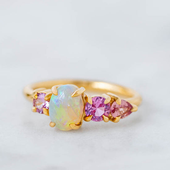 Crystal Opal and Pink Sapphire Splice Ring in 14ct Yellow Gold, Size J (In Stock)