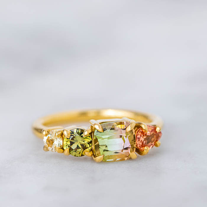 One-off Watermelon Tourmaline and Sapphire Splice Ring in 18ct Yellow Gold, Size L (In Stock)