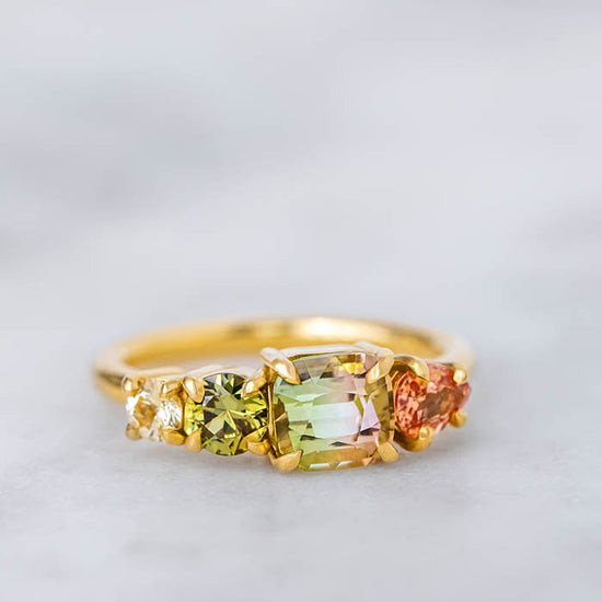 One-off Watermelon Tourmaline and Sapphire Splice Ring in 18ct Yellow Gold, Size L (In Stock)