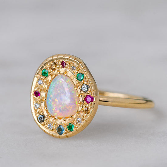 Watermelon Opal Pebble Ring in 14ct Yellow Gold, Size O (In Stock)