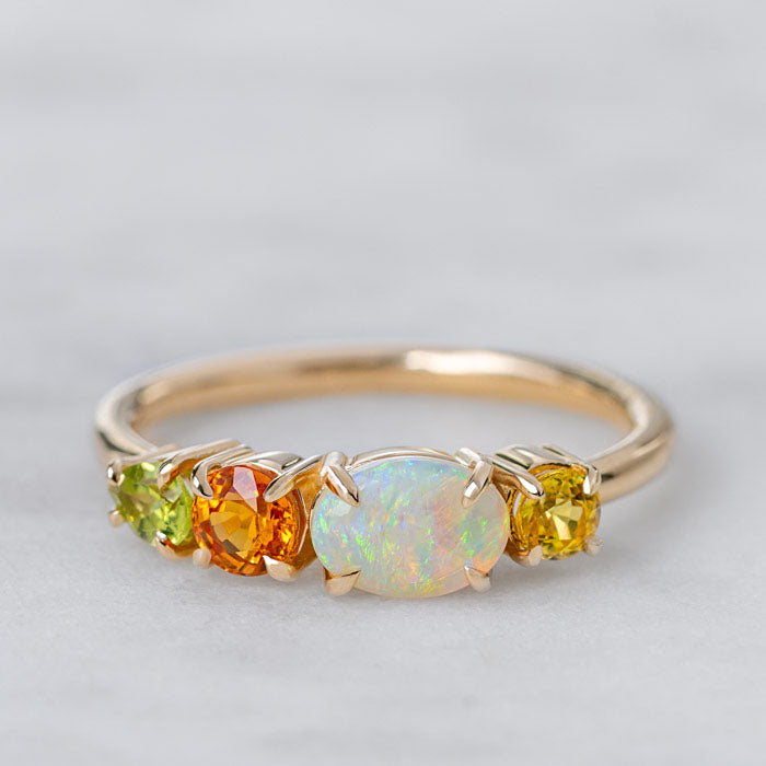 East West Crystal Opal Splice Ring in 14ct Yellow Gold, Size P (In Stock)