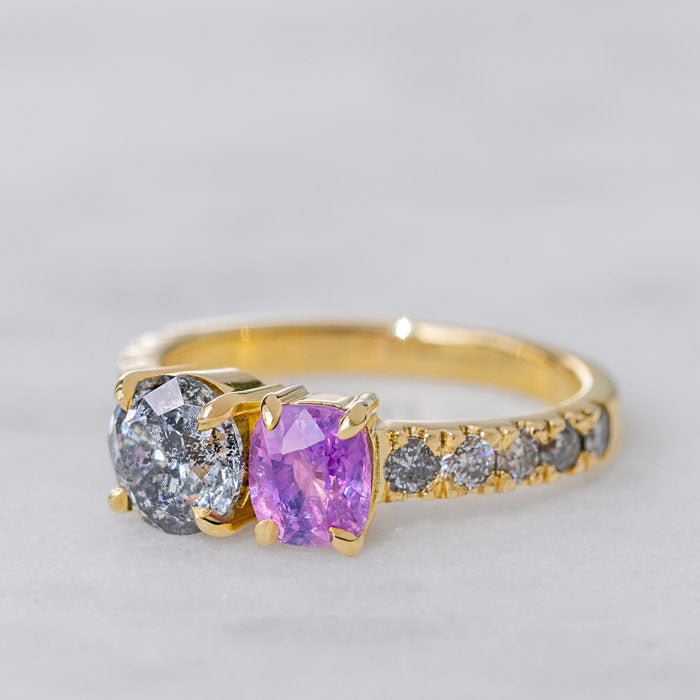 One-off Pink Sapphire and Salt and Pepper Diamond Twin Ring in 18ct Yellow Gold, Size L and a half (In Stock)