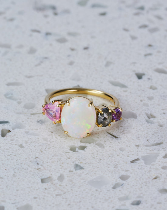 Load image into Gallery viewer, One-off Pink Milky Sapphire and Crystal Opal Splice in 18ct Yellow Gold, Size Q (In Stock)
