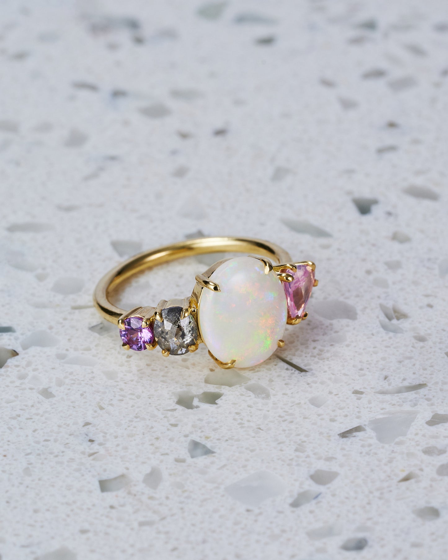 Load image into Gallery viewer, One-off Pink Milky Sapphire and Crystal Opal Splice in 18ct Yellow Gold, Size Q (In Stock)
