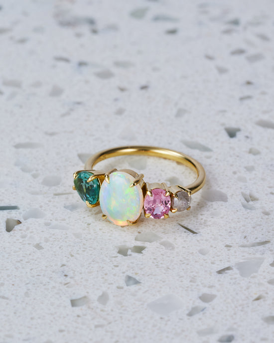 One-off Green Tourmaline and Crystal Opal Splice in 18ct Yelow Gold, Size Q (In Stock)