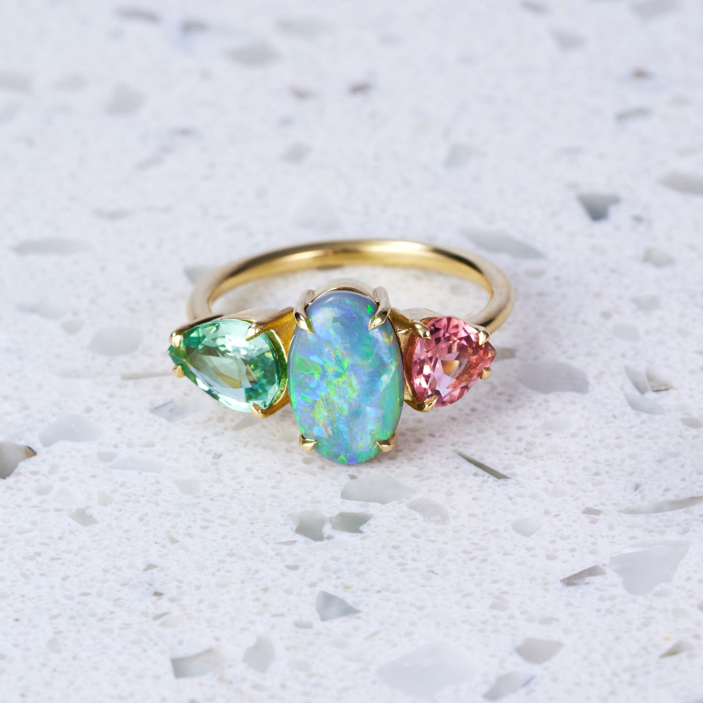 One-off Semi-Black Opal and Tourmaline Splice in 18ct Yellow Gold, Size Q (In Stock)
