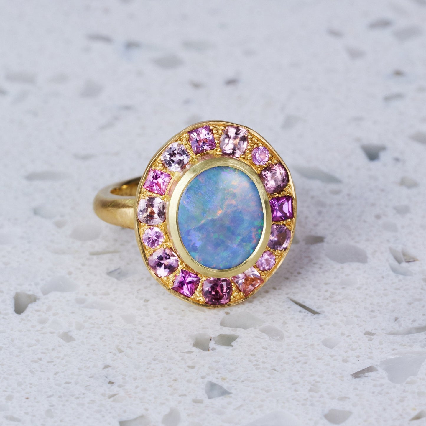 Load image into Gallery viewer, One-off Black Opal and Shades of Pink Sapphires Pebble Ring in 18ct Yellow Gold, Size P (In Stock)
