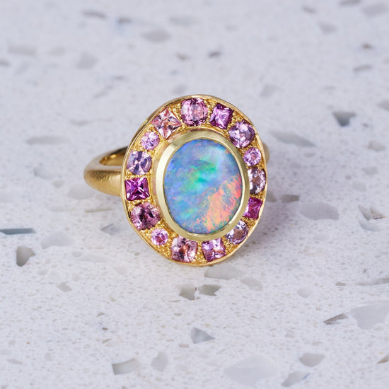 One-off Black Opal and Shades of Pink Sapphires Pebble Ring in 18ct Yellow Gold, Size P (In Stock)
