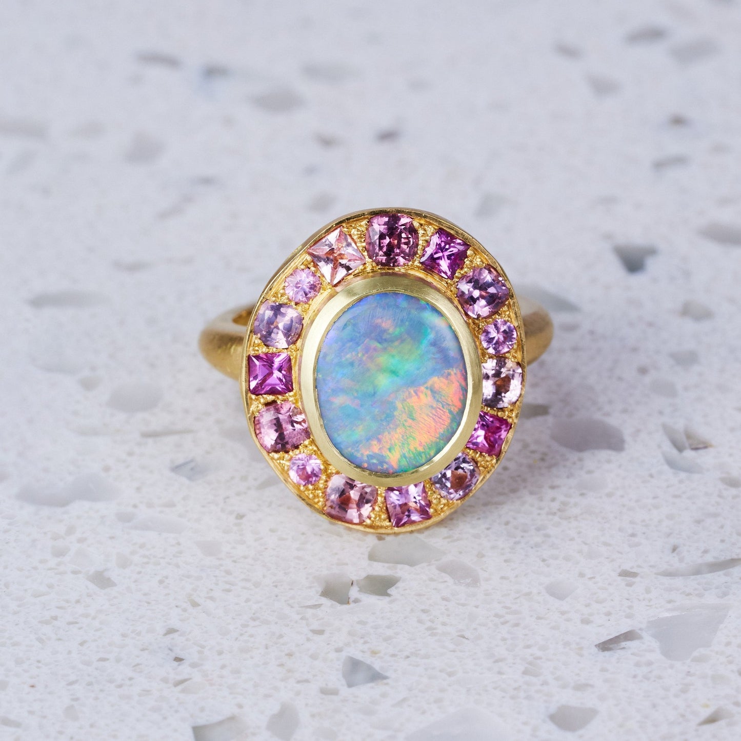 One-off Black Opal and Shades of Pink Sapphires Pebble Ring in 18ct Yellow Gold, Size P (In Stock)