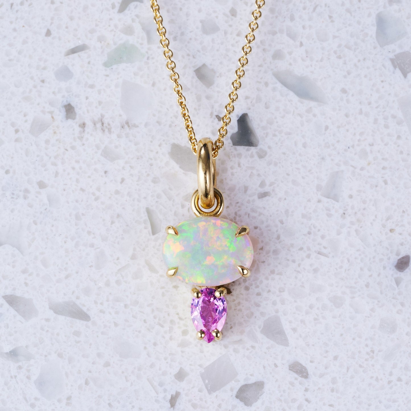 One-off Creatures Pendant with a Crystal Opal and Pink Sapphire in 18ct Yellow Gold (In Stock)