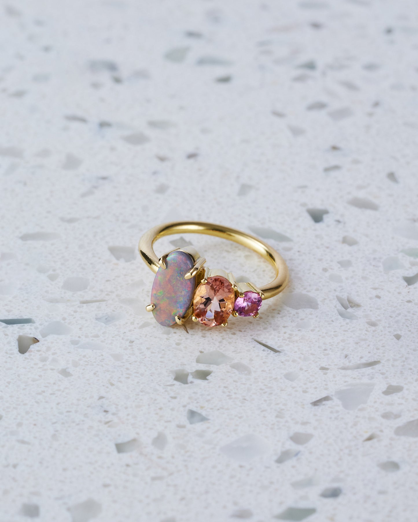 One-off Semi Black Opal and Peach Splice in 18ct Yellow Gold, Size L (In Stock)