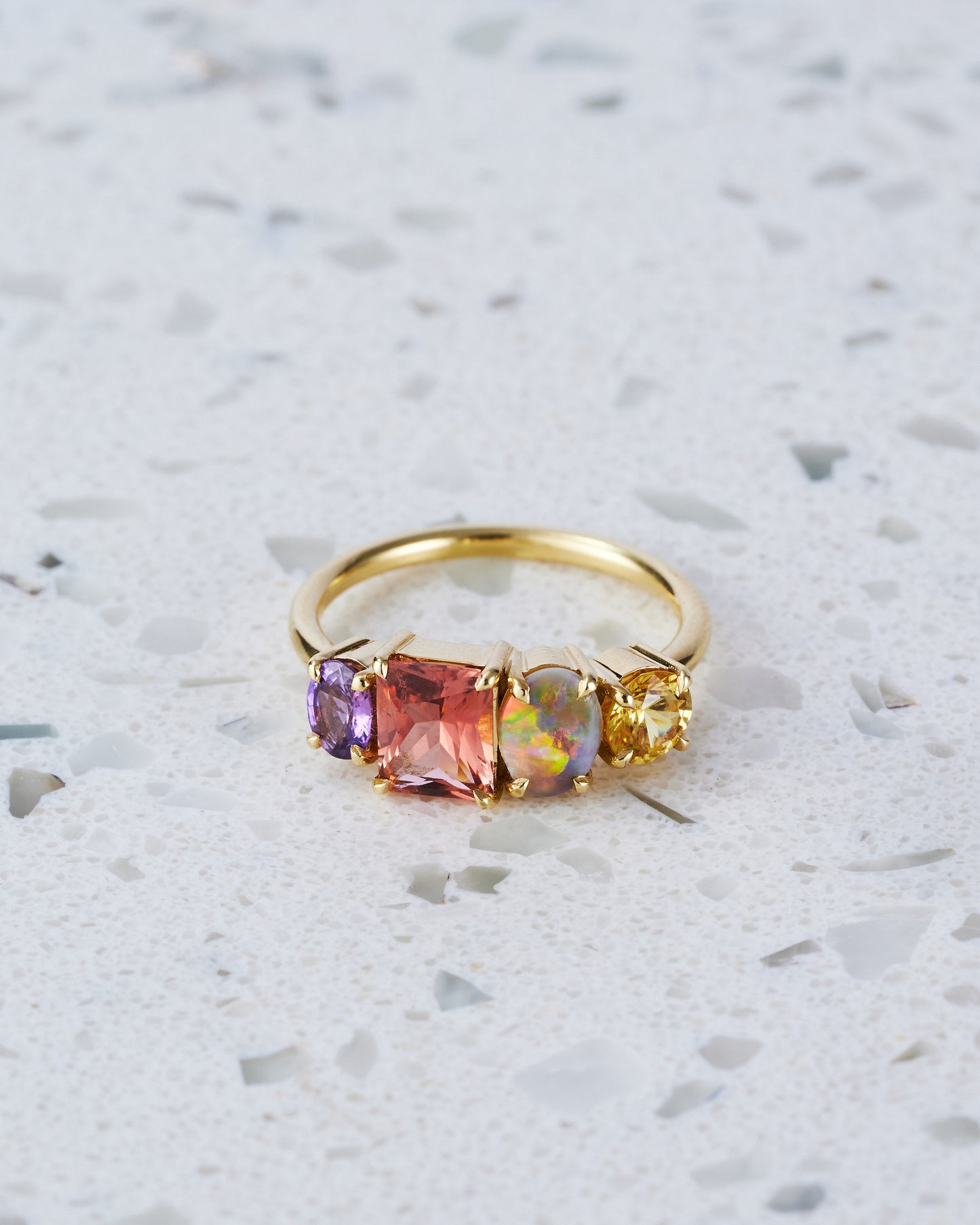 Load image into Gallery viewer, One-off Purple Sapphire and Semi-Black Opal Splice in 18ct Yellow Gold, Size O (In Stock)
