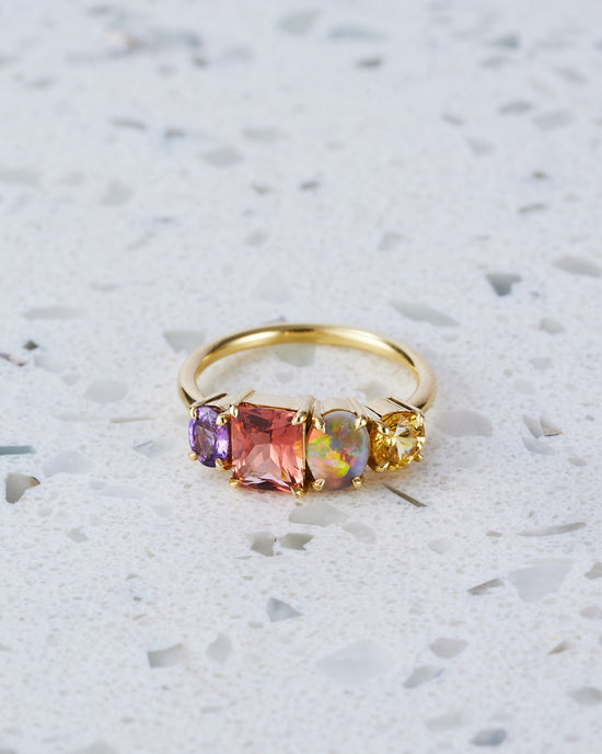 One-off Purple Sapphire and Semi-Black Opal Splice in 18ct Yellow Gold, Size O (In Stock)