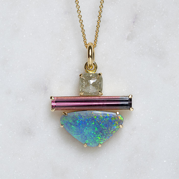 Black Opal, Tourmaline and Diamond Creatures Pendant in 18ct Yellow Gold (In Stock)