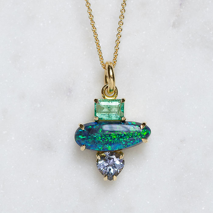 Black Opal, Emerald and Tanzanite Creatures Pendant in 18ct Yellow Gold (In Stock)
