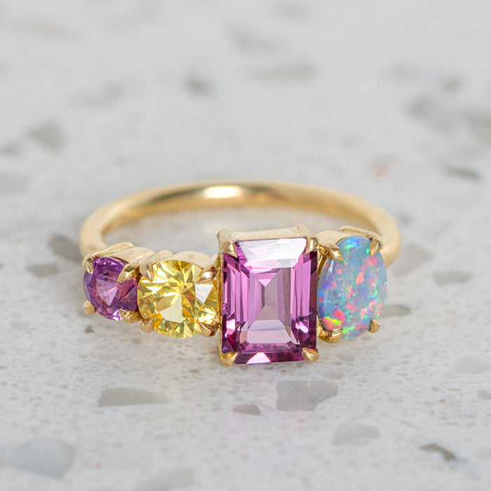 One-off Black Opal, Purple Garnet and Sapphire Splice in 18ct Yellow Gold, Size N (In Stock)