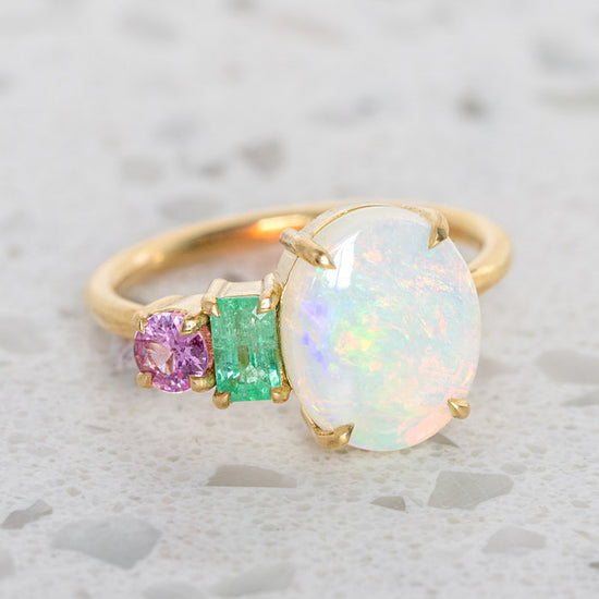 One-off Crystal Opal, Emerald and Pink Sapphire Splice in 18ct Yellow Gold, Size Q (In Stock)