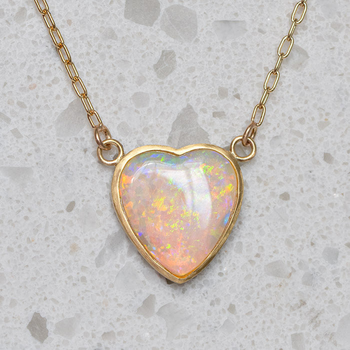 Crystal Opal Big Heart Necklace In 18ct Yellow Gold (In Stock)