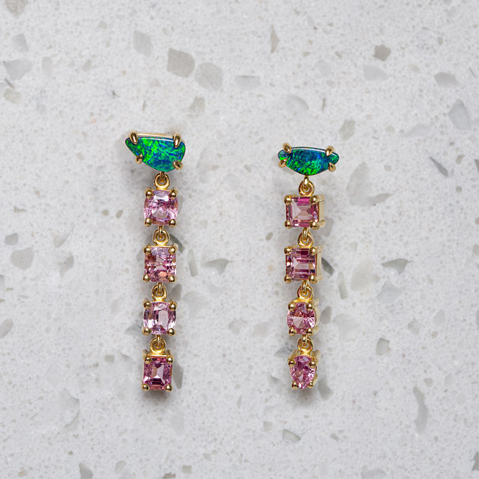 One-off Caterpillar Earrings with Black Opals and Pink Sapphires in 18ct Yellow Gold (In Stock)