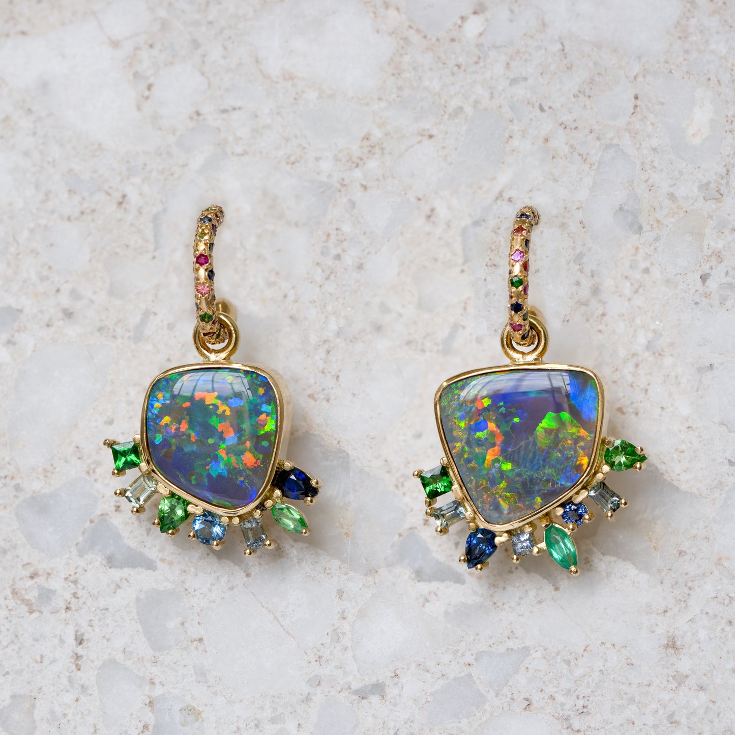 One-off Black Opal Cluster Earrings, 18ct Yellow Gold (In Stock)