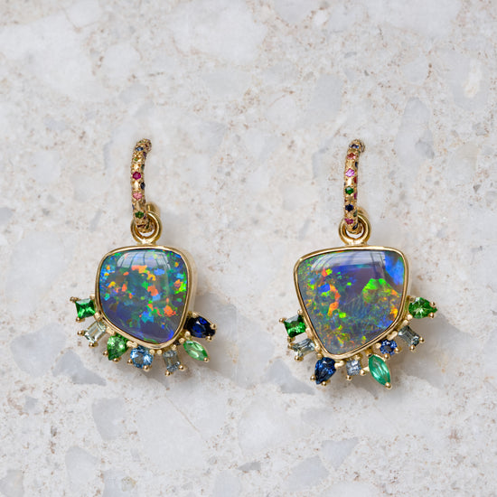 One-off Black Opal Cluster Earrings, 18ct Yellow Gold (In Stock)