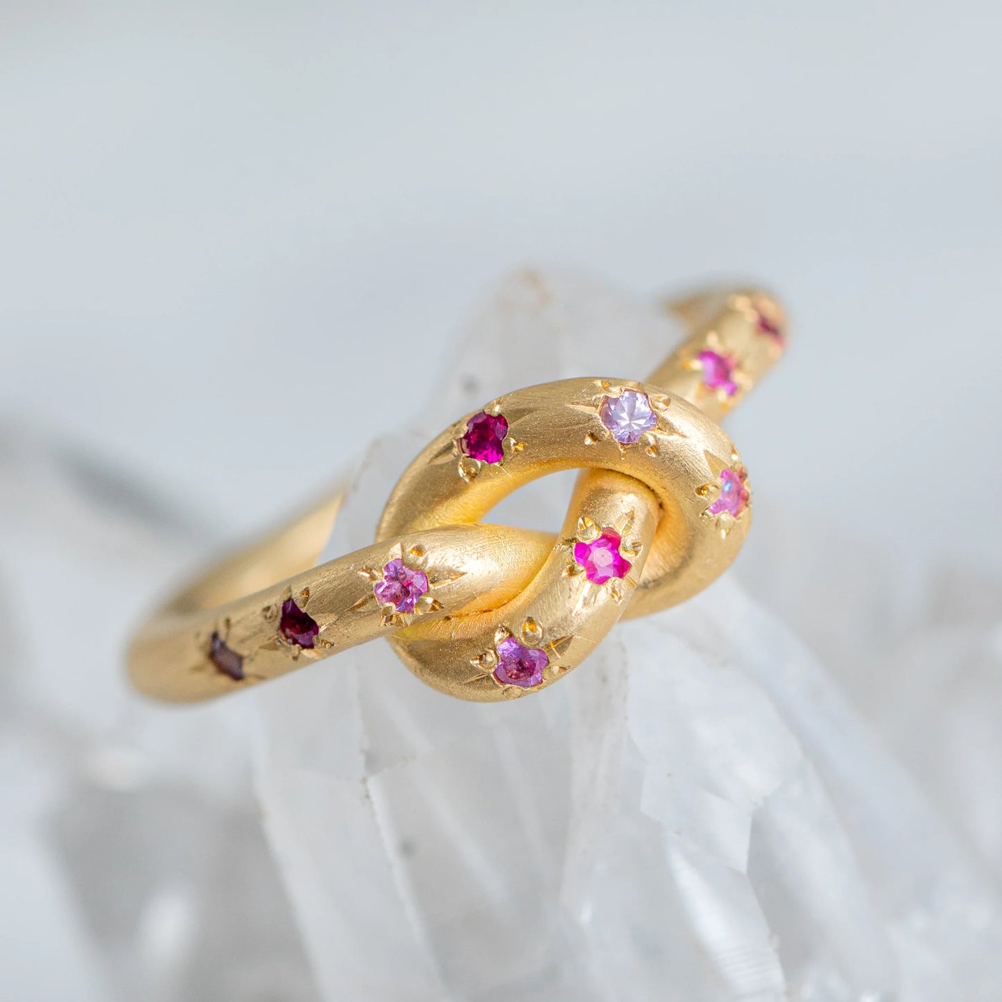Shades Of Pink Pretzel Ring in 18ct Yellow Gold, Size N and a half (In Stock)