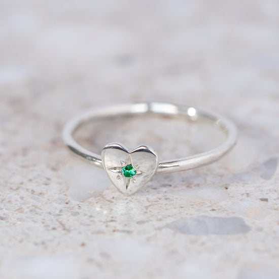 Emerald  Mini Heart Stacking Ring In 9ct White Gold, Size Q (In Stock)