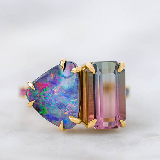 One-off Boulder Opal and Tourmaline Twin Ring in 18ct Yellow Gold, Size P (In Stock)