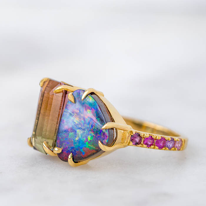 One-off Boulder Opal and Tourmaline Twin Ring in 18ct Yellow Gold, Size P (In Stock)