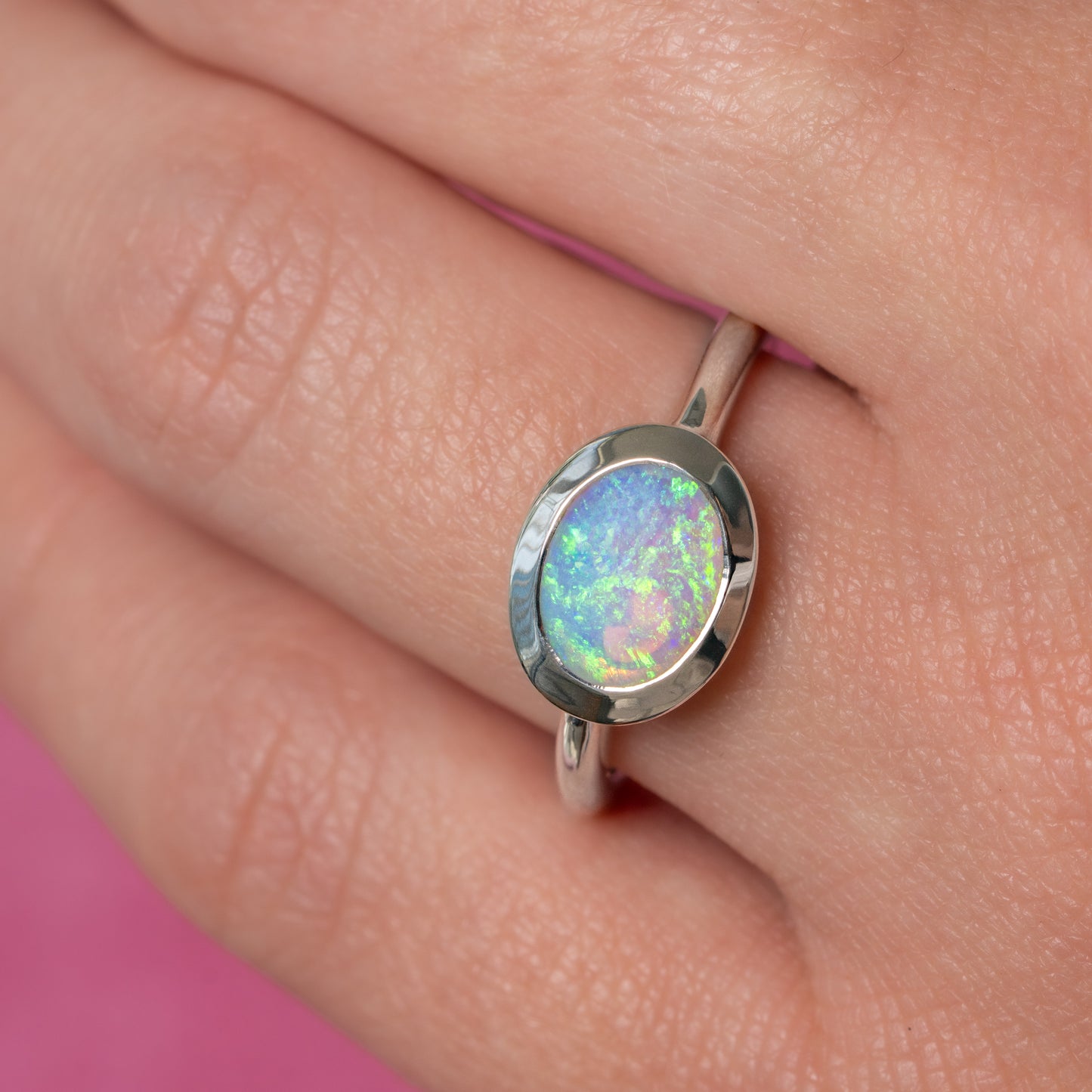 East West Crystal Opal Lozenge Ring in 9ct White Gold, Size P and a half (In Stock)