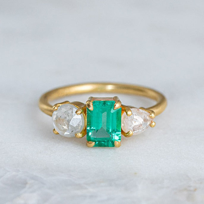 Emerald And Icy White Diamond Splice in 18ct Yellow Gold, Size O (In Stock)