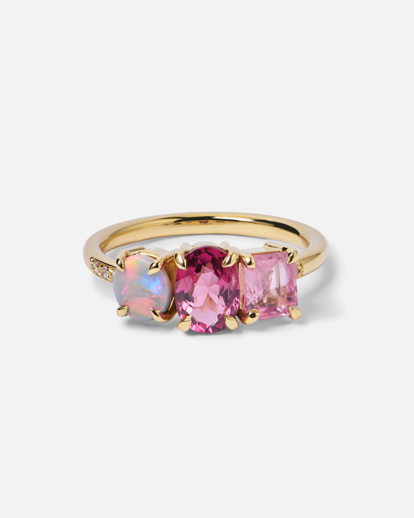 One-Off Black Opal, Purple Garnet And Pink Spinel Splice Ring In 18ct Yellow Gold, Size L (In Stock)
