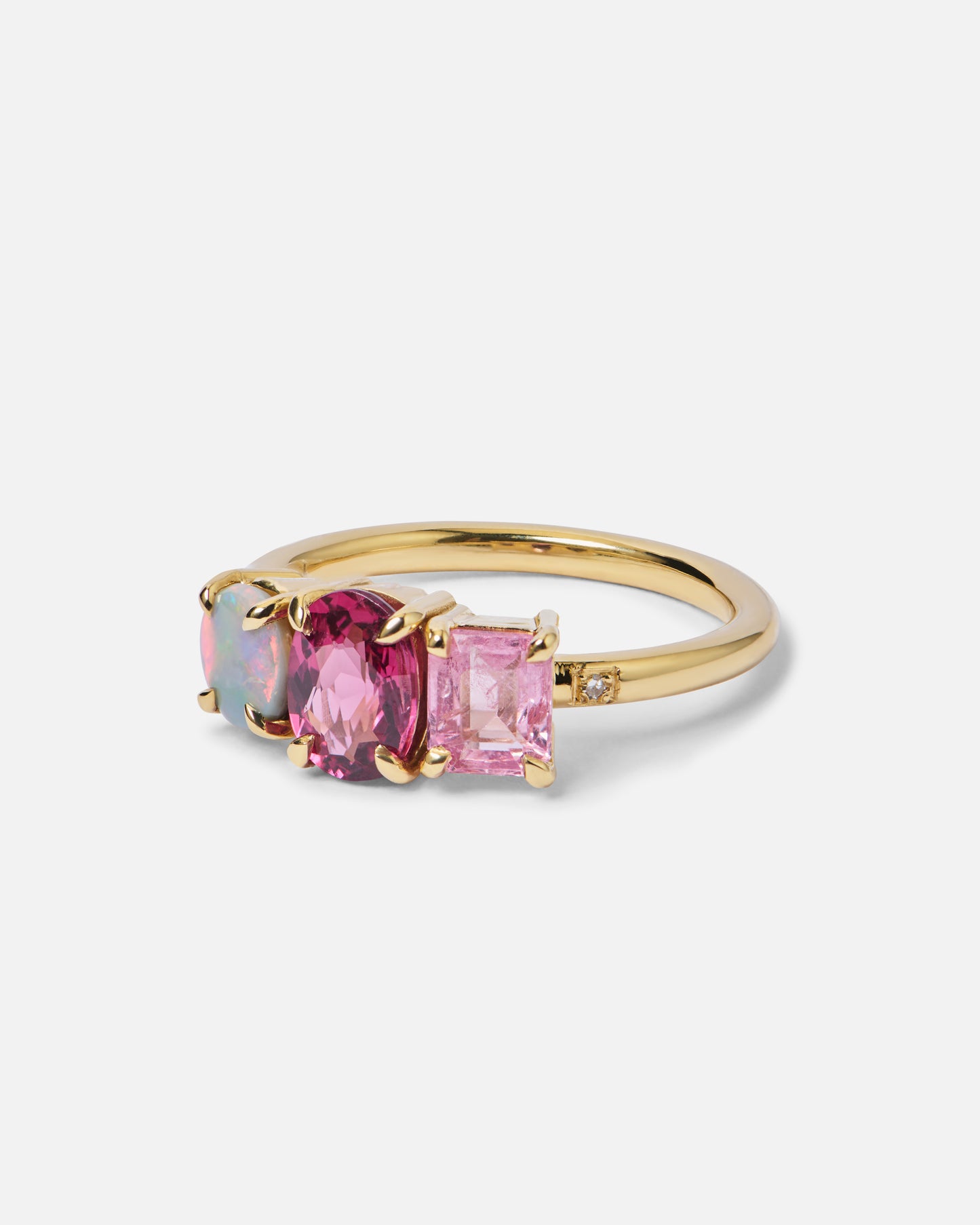 One-Off Black Opal, Purple Garnet And Pink Spinel Splice Ring In 18ct Yellow Gold, Size L (In Stock)