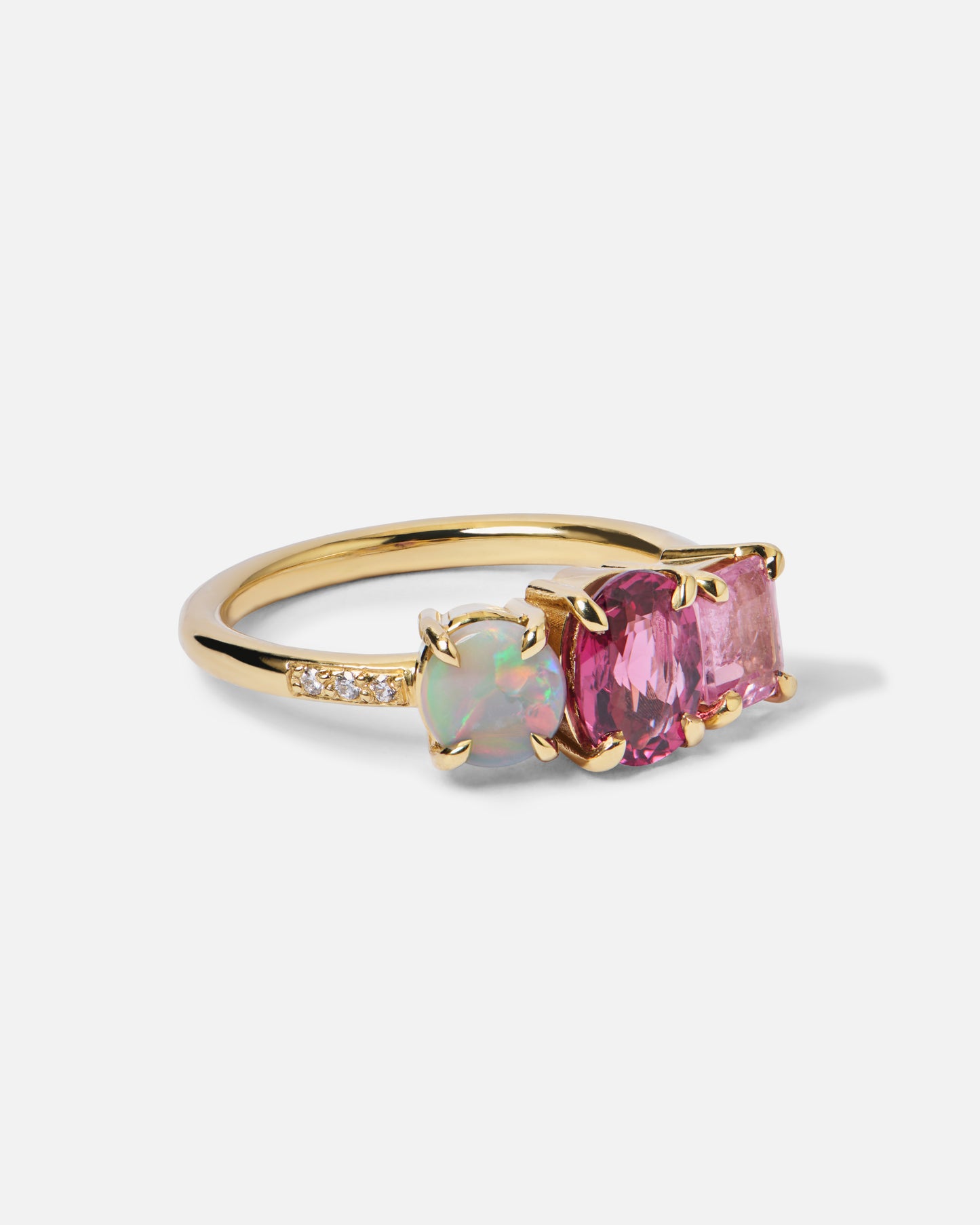 One-Off Black Opal, Purple Garnet And Pink Spinel Splice Ring In 18ct Yellow Gold, Size L (In Stock)