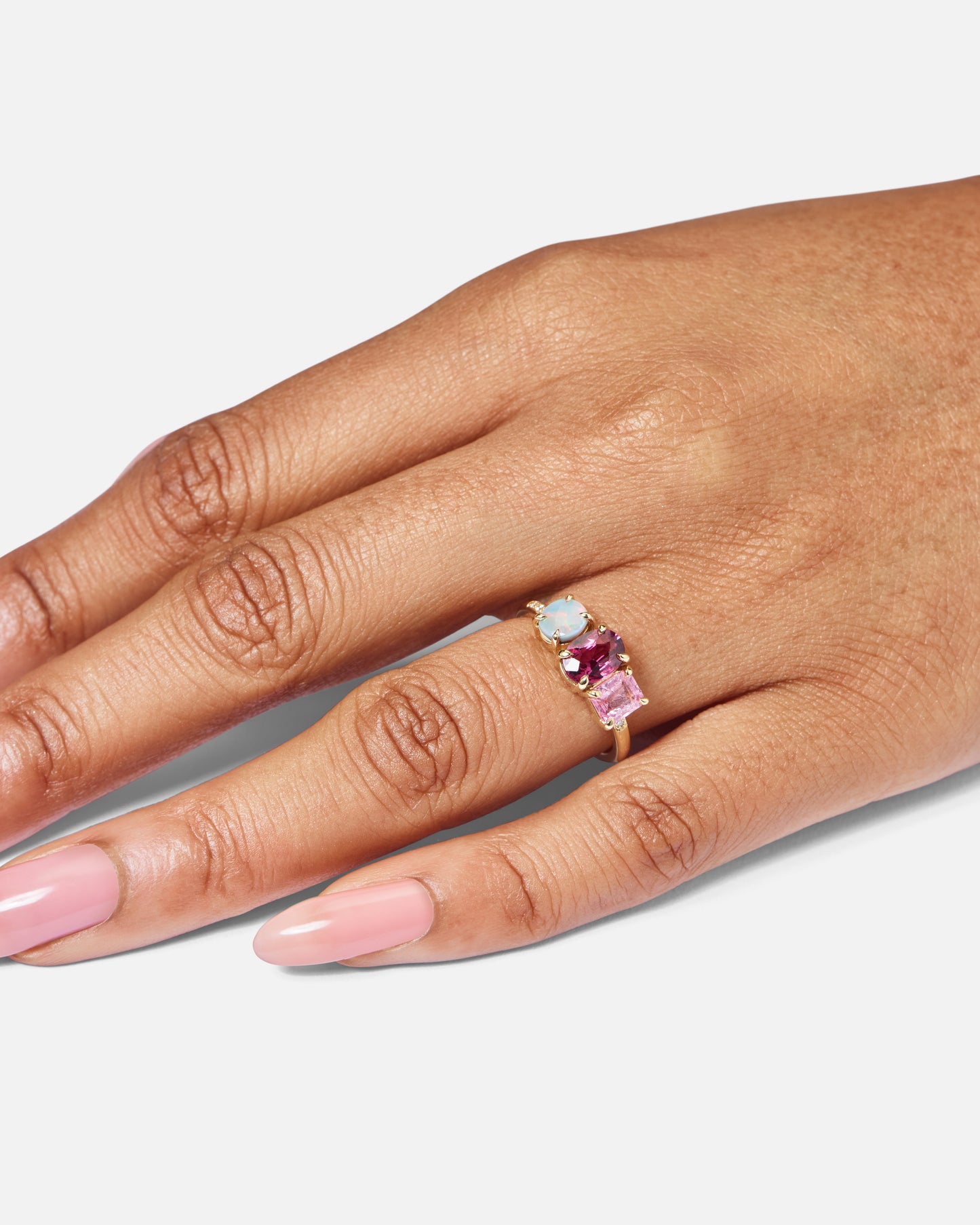 One-Off Black Opal, Purple Garnet And Pink Spinel Splice Ring In 18ct Yellow Gold, Size L (In Stock)