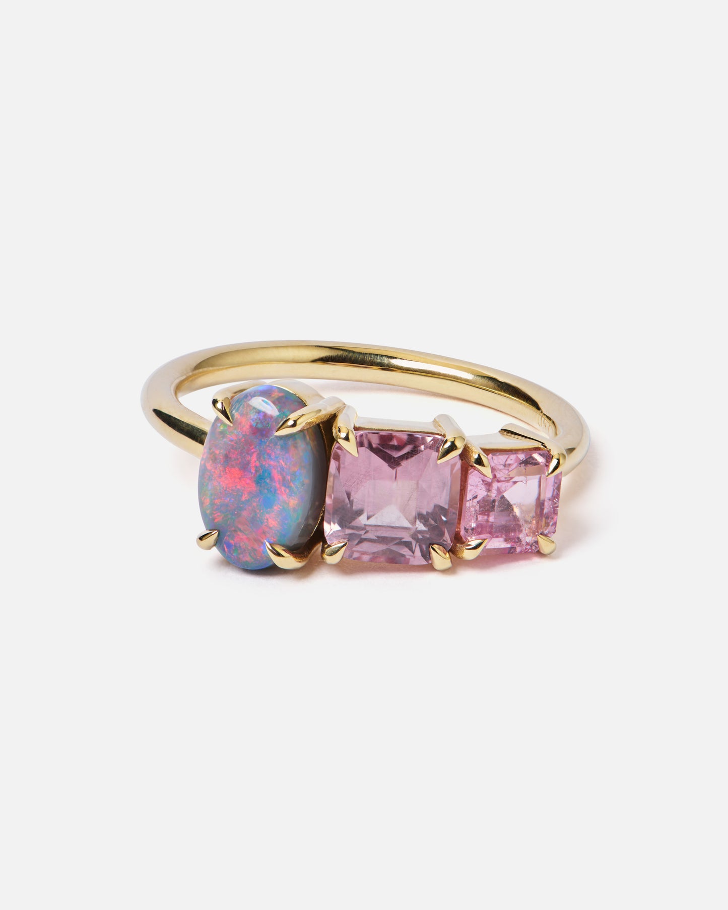 One-off Black Opal, Pink Garnet & Spinel Splice Ring In 18ct Yellow Gold, Size P (In Stock)