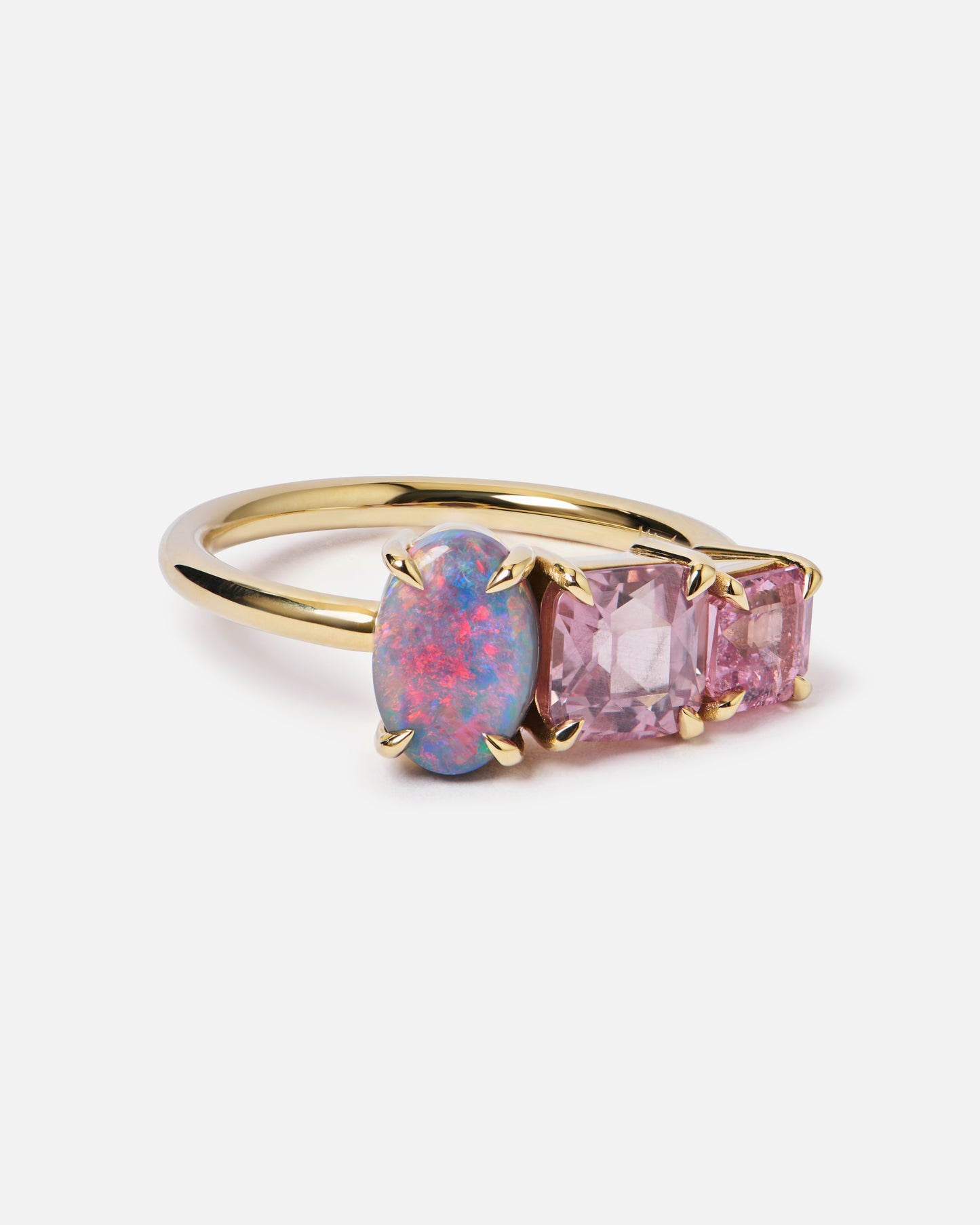 One-off Black Opal, Pink Garnet & Spinel Splice Ring In 18ct Yellow Gold, Size P (In Stock)